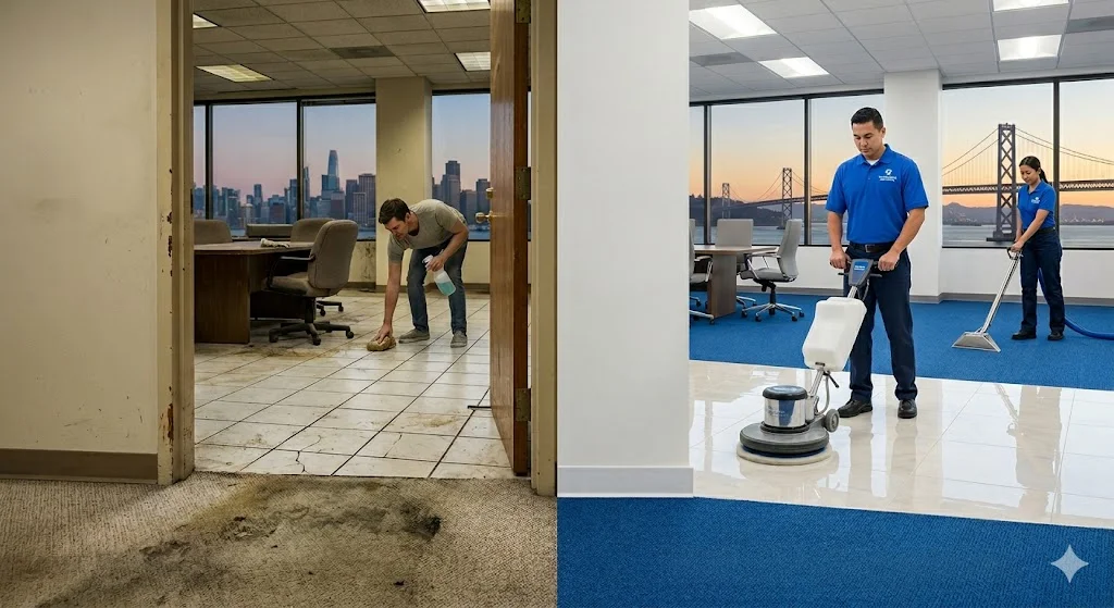 Before and after of commercial floor cleaning services showing a dirty workspace transformed into a polished, clean office environment.
