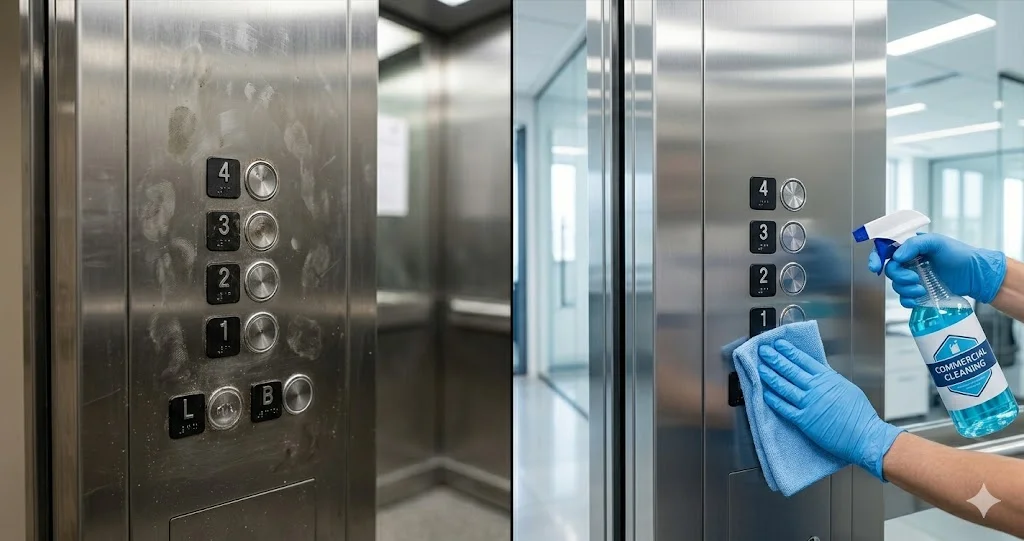 A side-by-side comparison of a dirty elevator control panel with fingerprints versus a clean panel being wiped with a commercial cleaning spray."