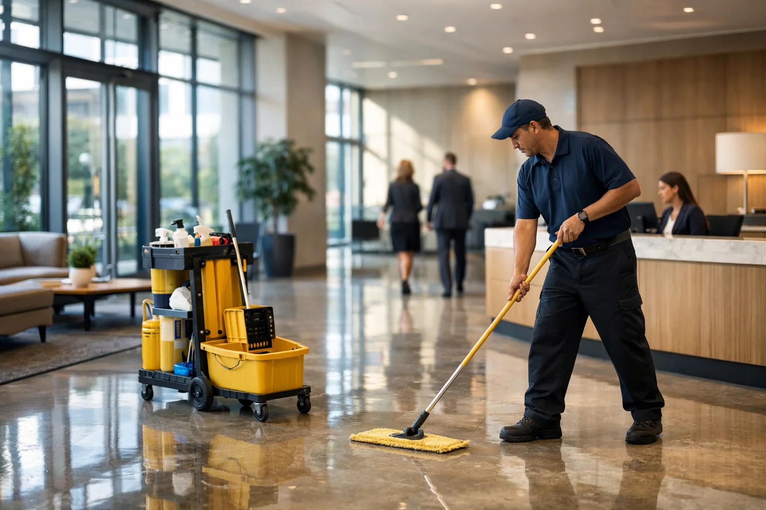 Professional janitor mopping a clean corporate office lobby floor in Bay Area