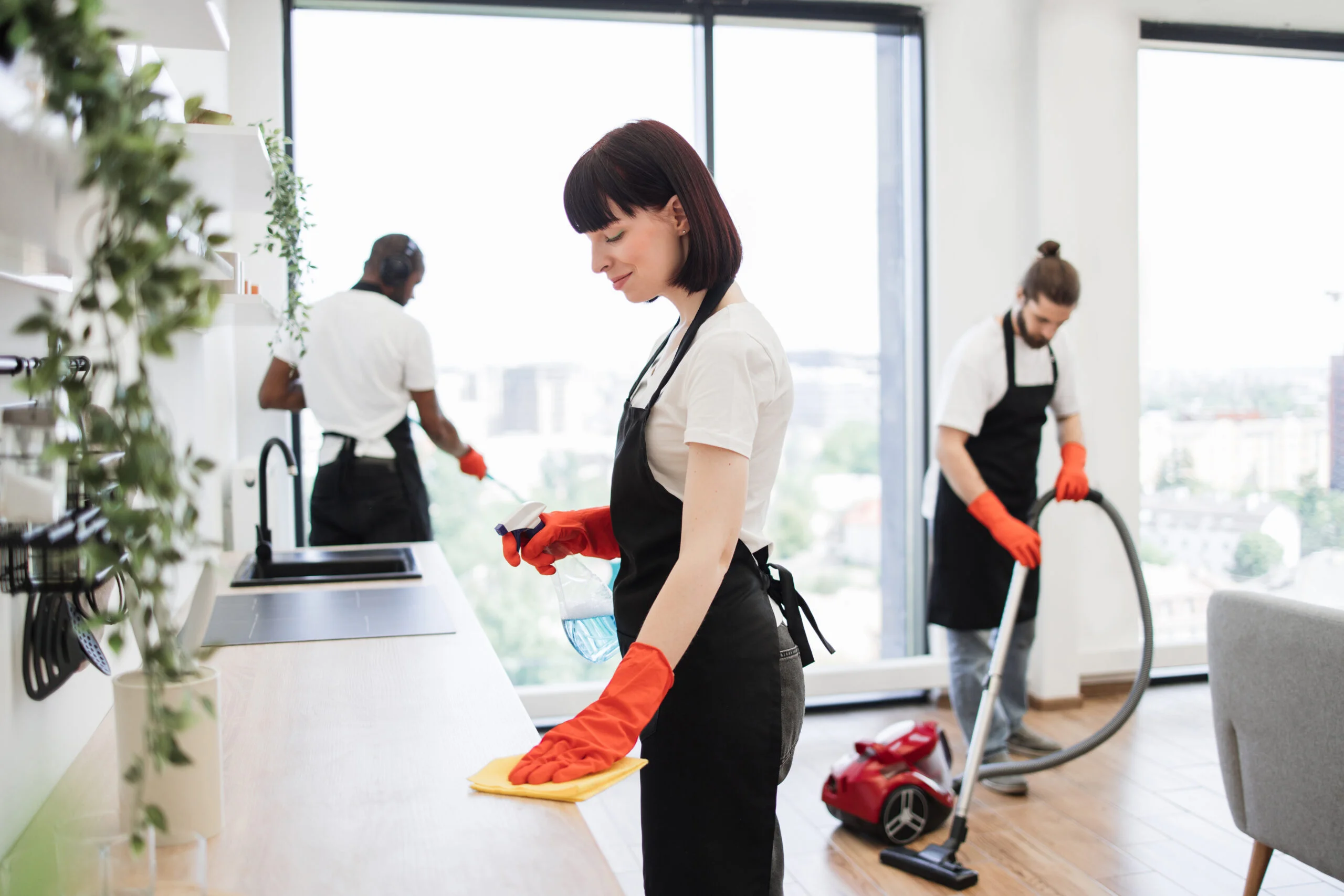 Professional deep cleaning team disinfecting high-traffic office surfaces in the San Francisco Bay Area.
