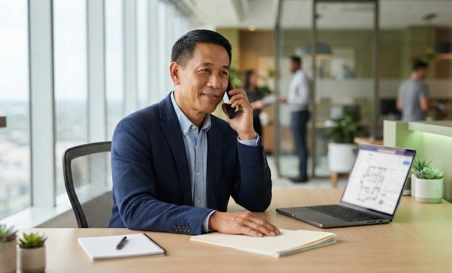 Professional business owner reviewing commercial cleaning insurance documents.