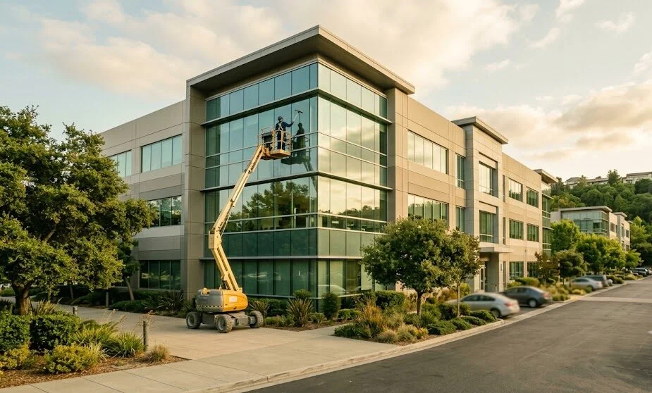 Commercial window cleaning service for modern office buildings in the Bay Area.