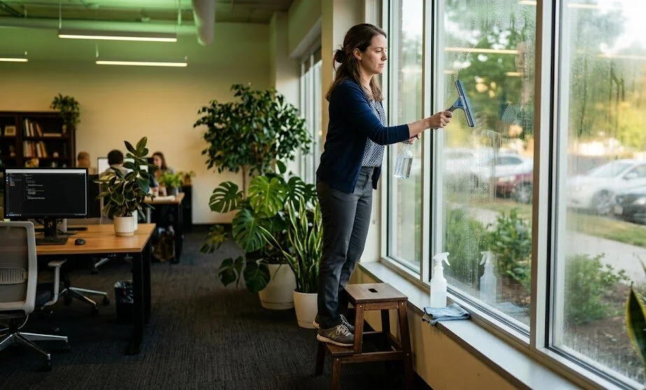 In-house office employee cleaning interior windows on a step stool.