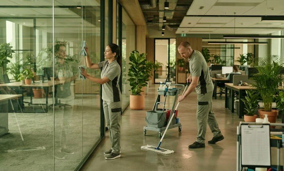 Professional cleaning team performing floor maintenance in a commercial office space.