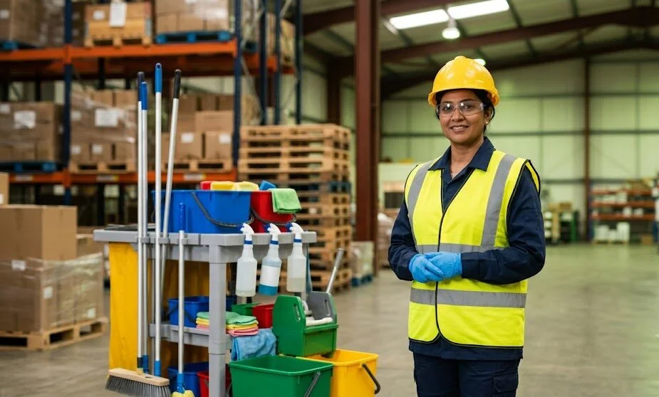 Professional warehouse cleaning technician wearing safety gear and preparing equipment for high-bay dust removal."