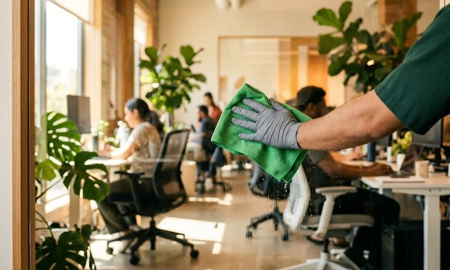 Professional janitorial staff cleaning interior windows in a modern Bay Area office.