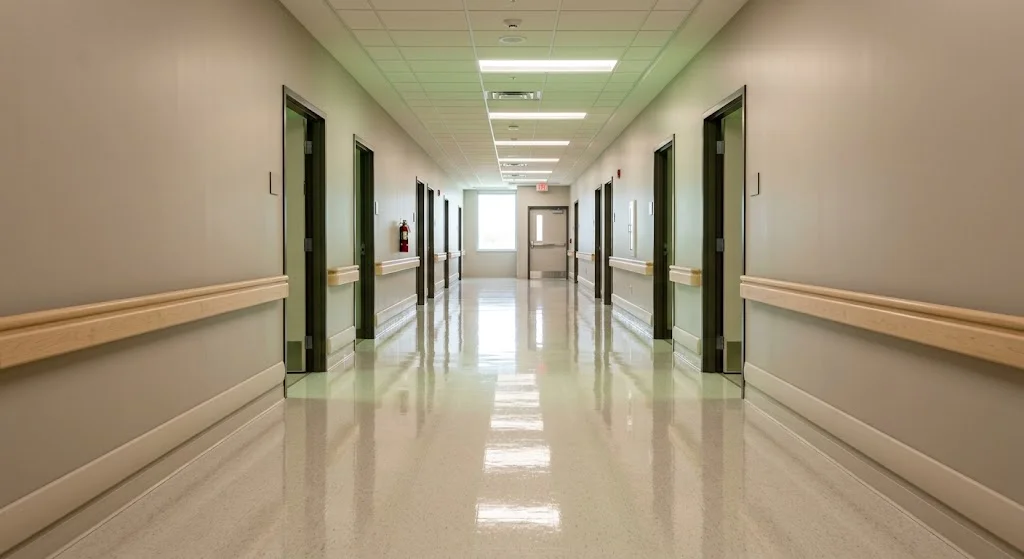 Clean and polished commercial hallway floor in a Bay Area facility after stripping and waxing.