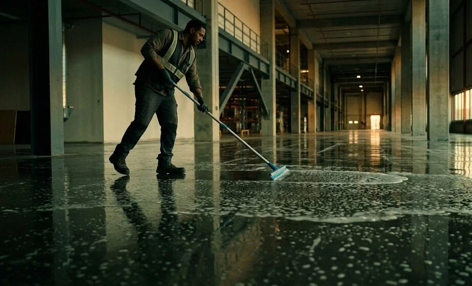 Commercial cleaning worker scrubbing and cleaning a commercial floor in a Bay Area facility.