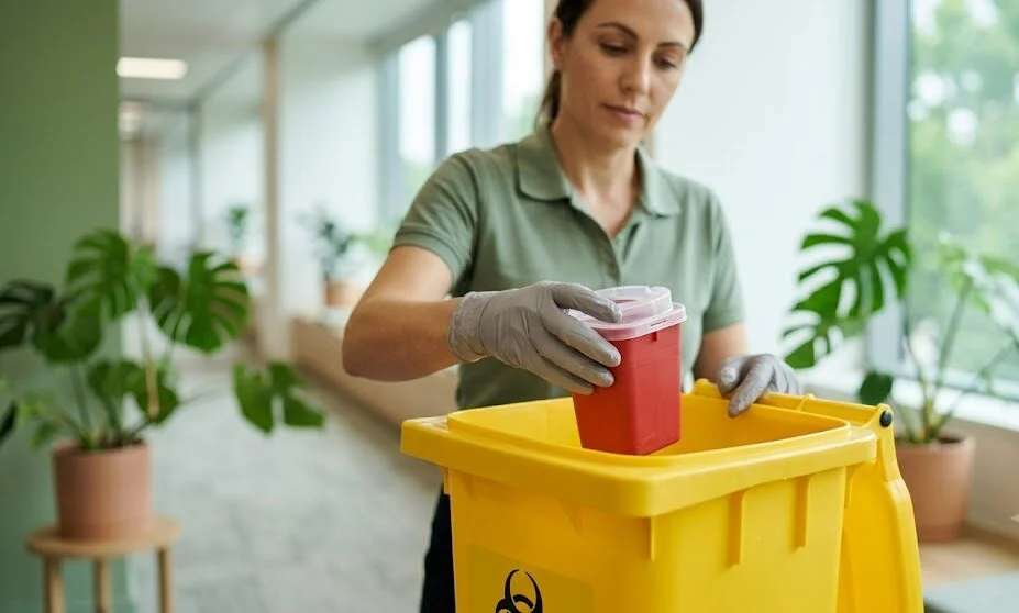 Professional cleaning staff safely disposing of sharps in a biohazard container as part of OSHA-compliant work-practice controls