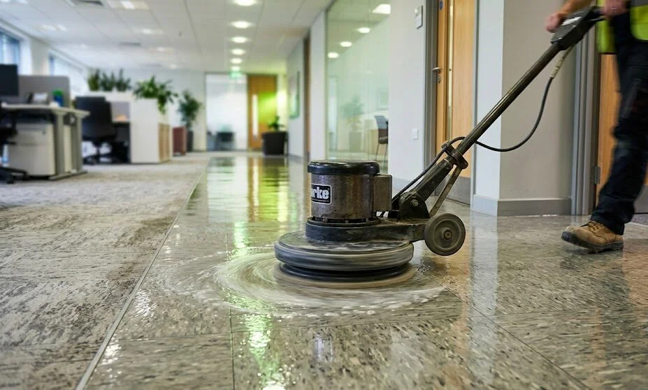 Commercial janitor buffing and polishing VCT flooring in a Bay Area office.