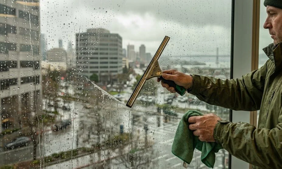 Professional window cleaner wiping water spots off glass using a squeegee.